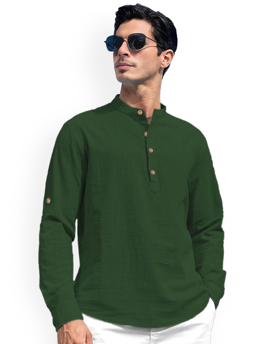 

Vida Loca Mandarin Collar Roll-Up Sleeves Pure Cotton Short Kurta, Olive