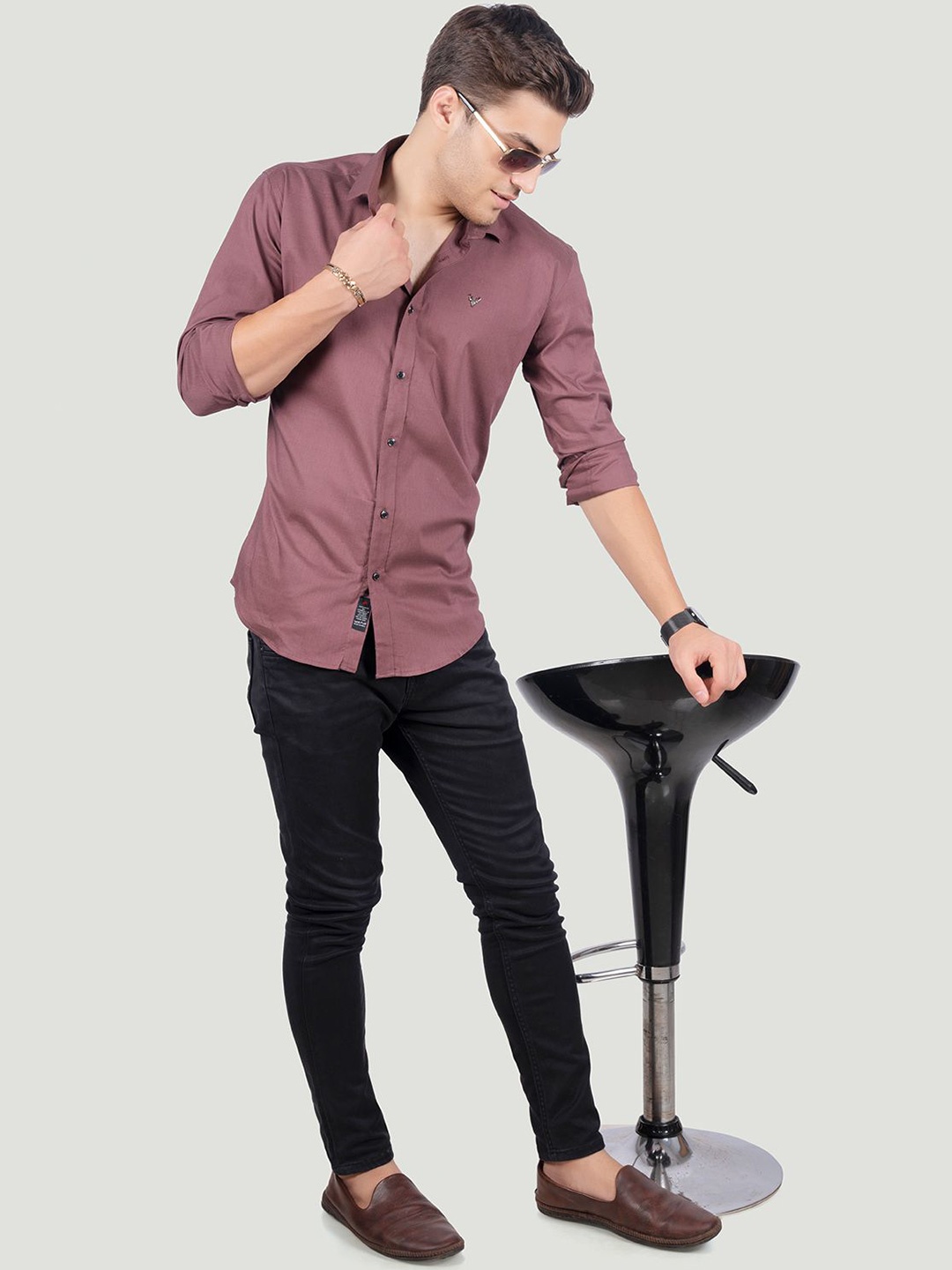 

ALMATY Men Comfort Spread Collar Solid Cotton Slim Fit Party Shirt, Maroon