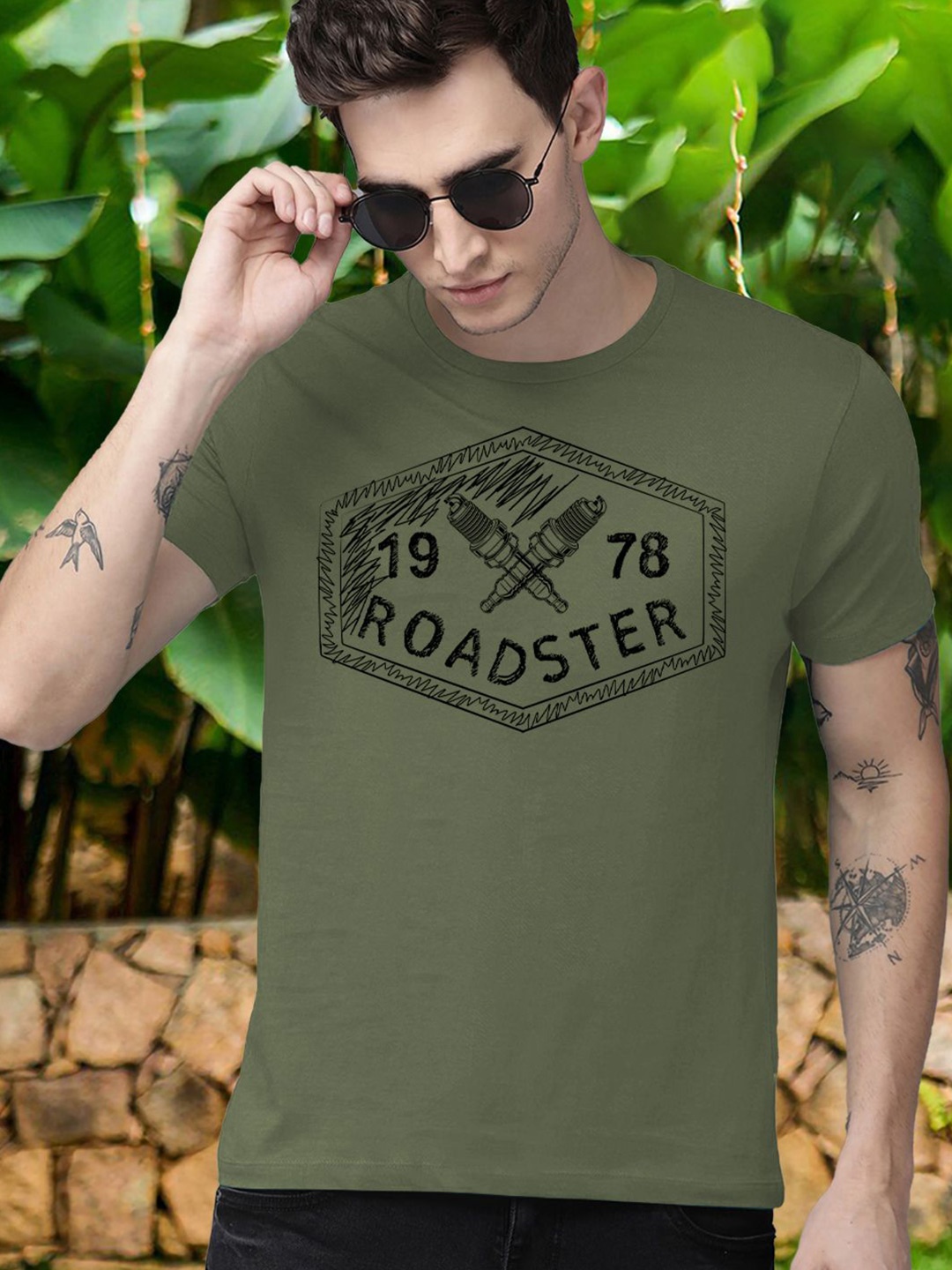 

The Roadster Lifestyle Co. Men Typography Printed Round Neck Pure Cotton T-shirt, Olive