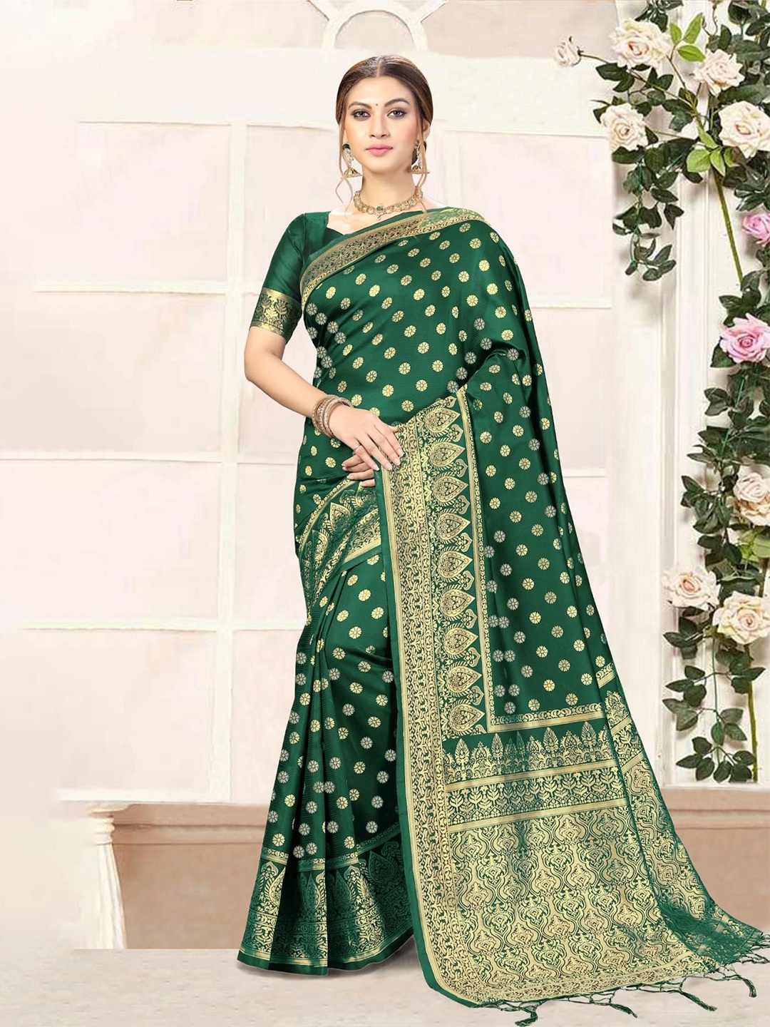 

Trendmalls Ethnic Motifs Zari Banarasi Saree, Green