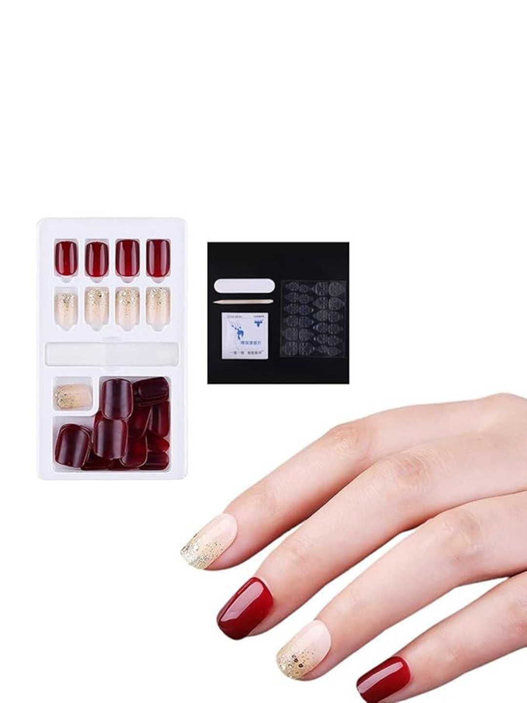

Coslifestore 24-Pcs Acrylic Gel Artificial Press-On Nails - Bridal Red & Gold
