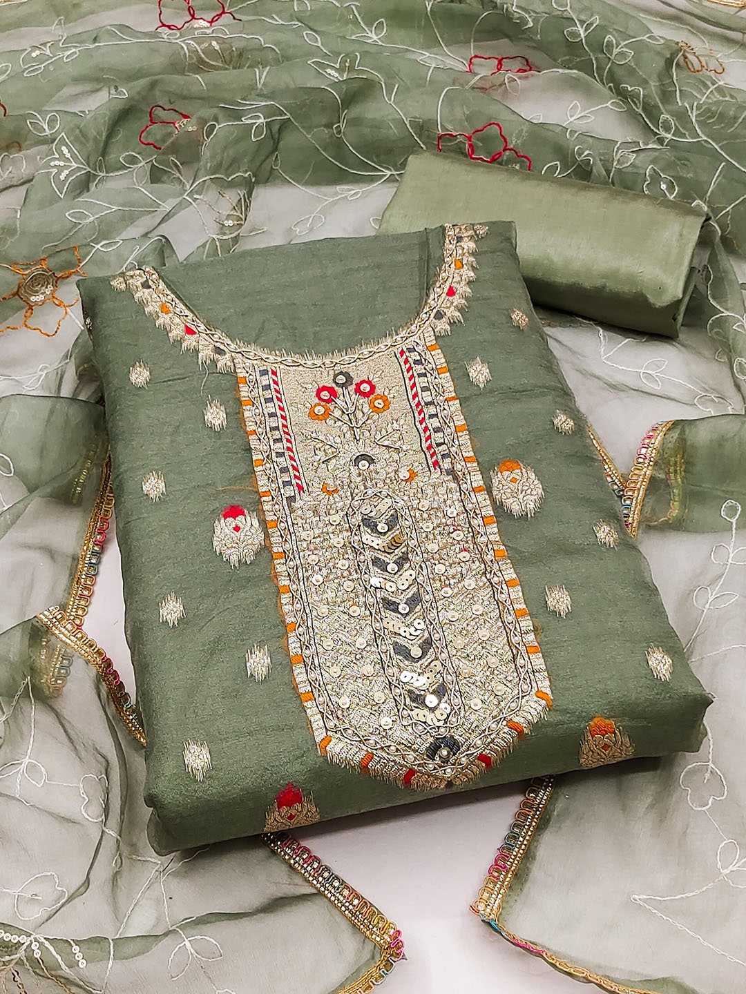 

Ishin Zari Floral Woven Design Organza Unstitched Dress Material, Sea green