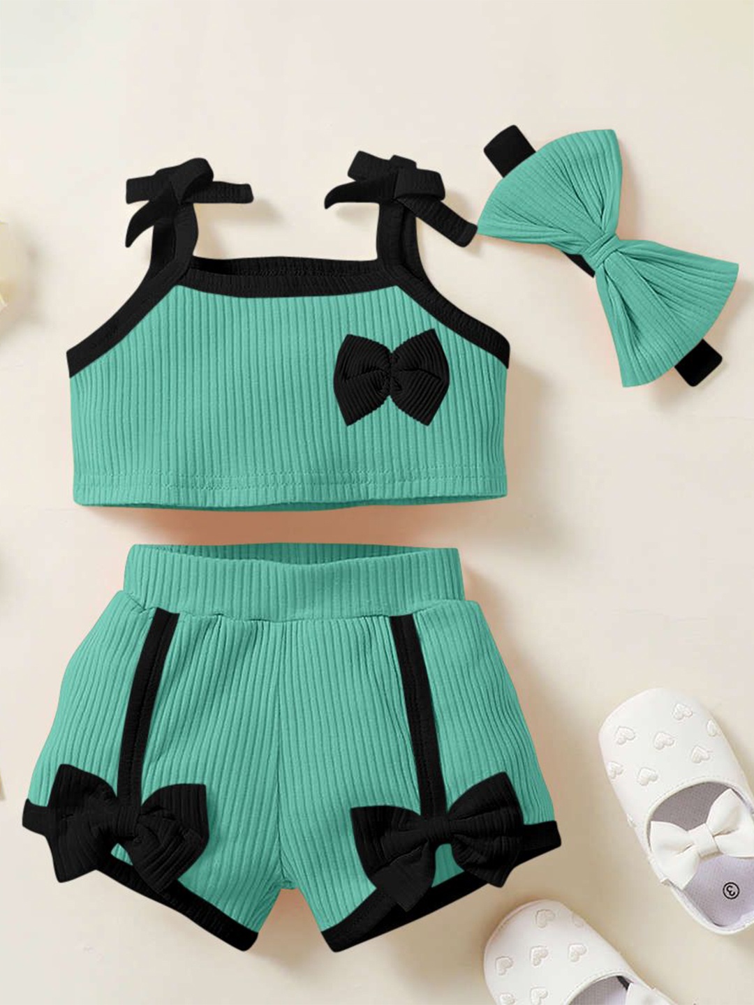 

Emblica Unisex Kids Self Design Shoulder Straps Crop Top & Shorts With Bow, Green