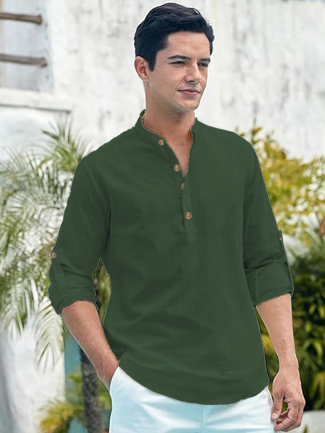 

Vida Loca Slim Fit Band Collar Cotton Short Kurta, Olive