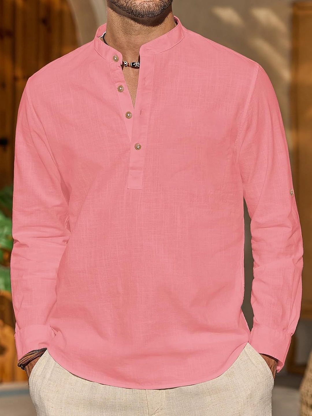 

Vida Loca Mandarin Collar Roll-Up Sleeves Cotton Straight Short Kurta, Peach