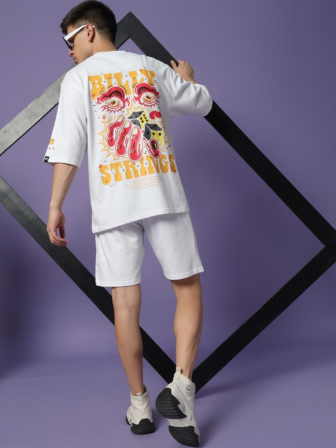 

PockMAN Billy Strings Printed Pure Cotton Oversized T-Shirt With Shorts, White