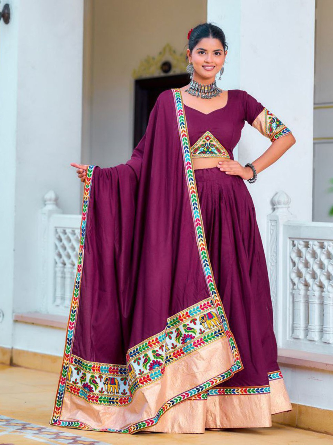 

ZIBLON Embroidered Patchwork Ready to Wear Lehenga & Blouse With Dupatta, Purple