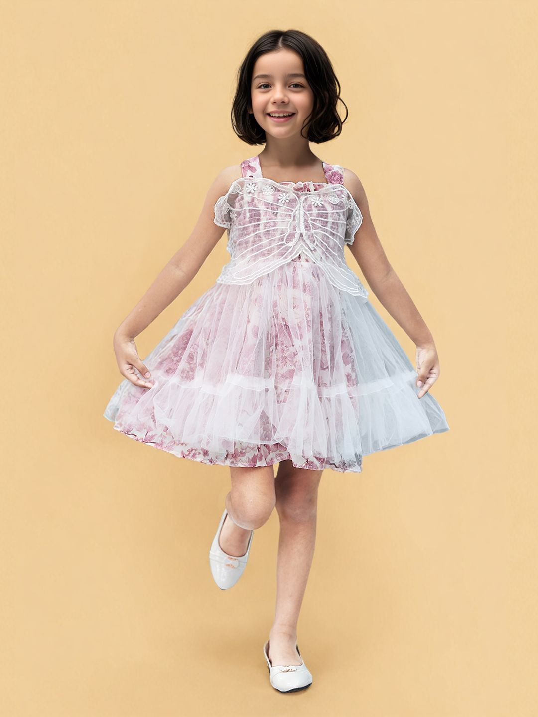

Toonyport Girls Printed Net Fit & Flare Dress, Pink