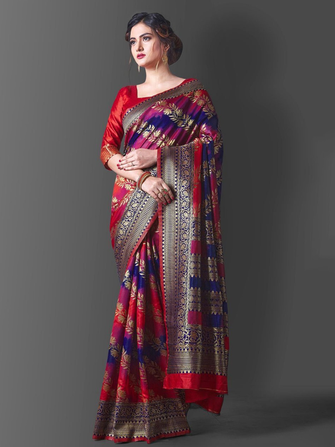 

Quelea Floral Printed Zari Pure Silk Banarasi Saree, Red