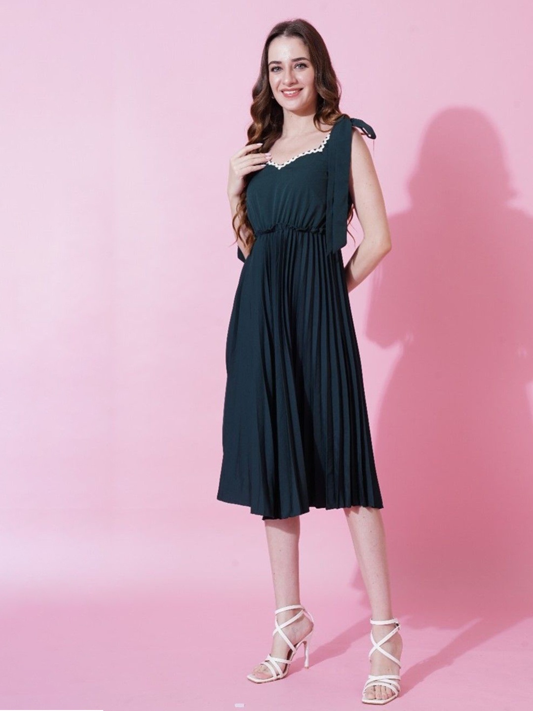 

TextileNow Crepe Pleated Fit & Flare Midi Dress, Green