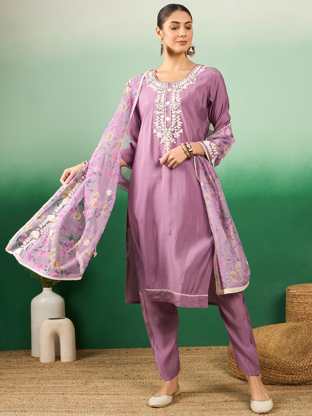 

Maroosh Women Embroidered Kurta & Trouser with Dupatta Set, Purple