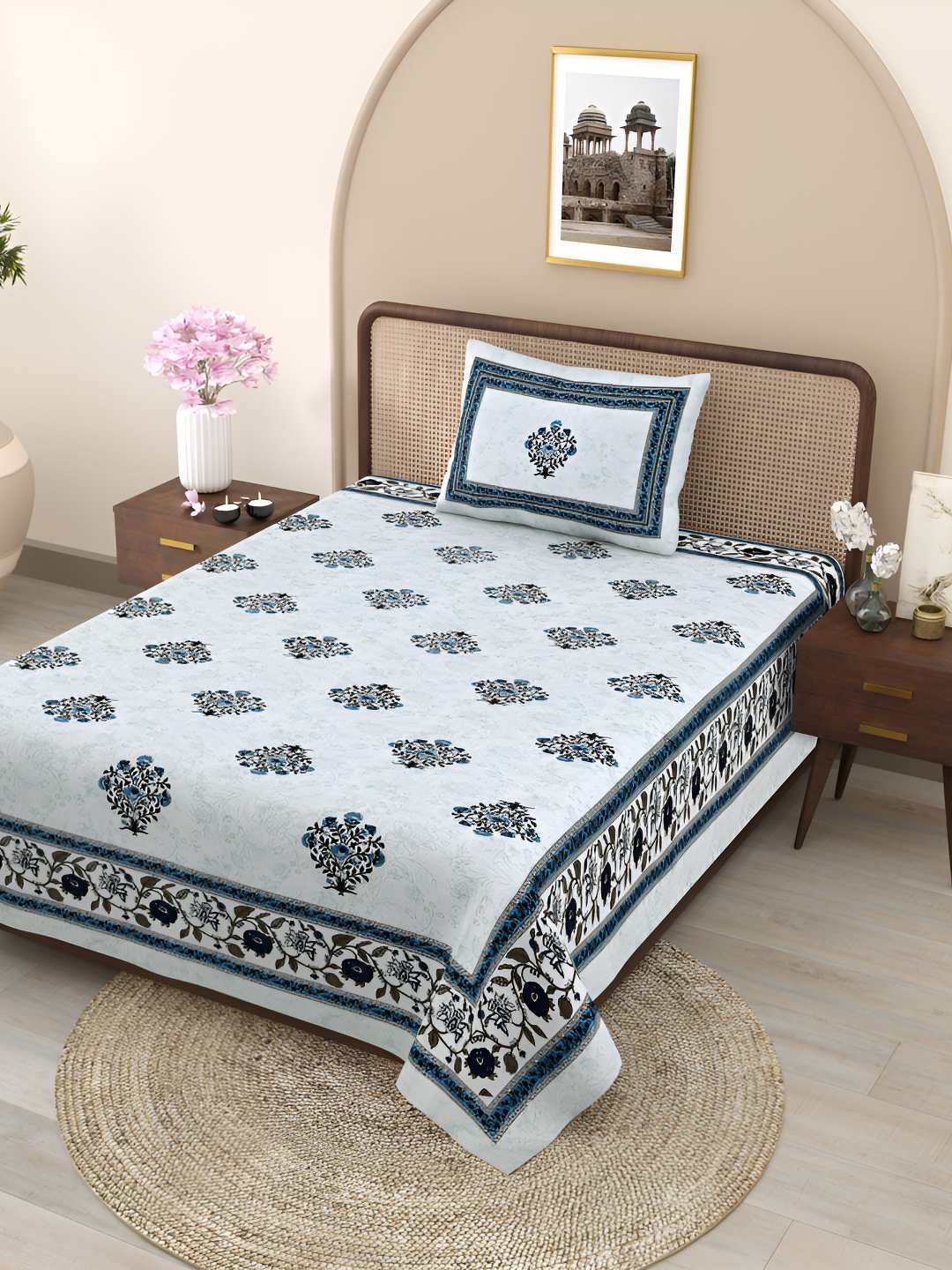 

Jinaya's Off White & Blue Floral 300 TC Single Bedsheet with 1 Pillow Covers