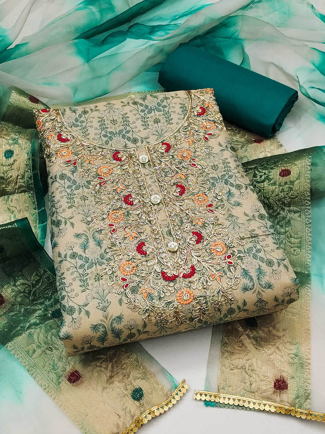 

Ishin Floral Embroidered Beads and Stones Detail Unstitched Dress Material, Green