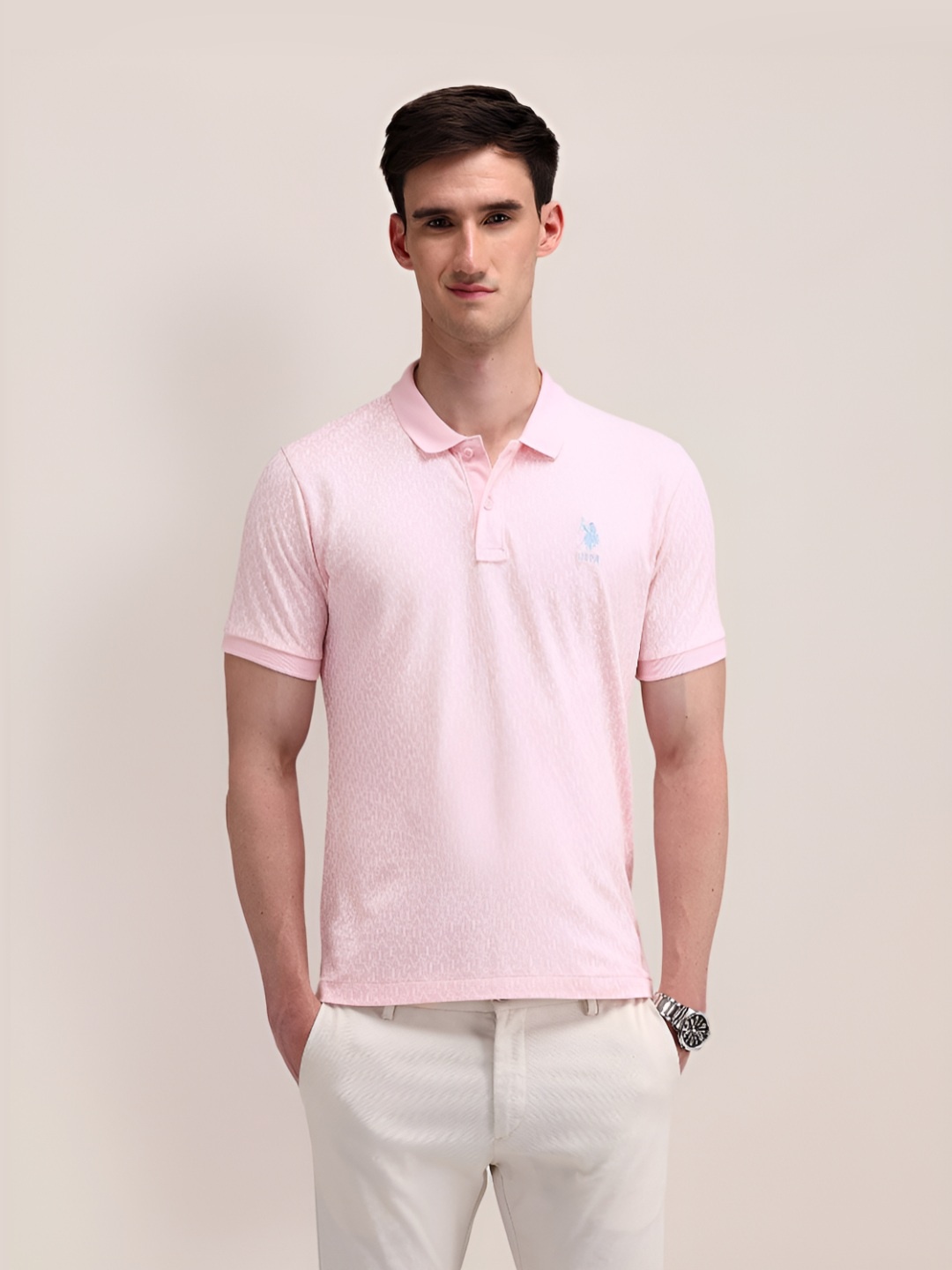 

U.S. Polo Assn. Men Typography Printed Cotton Slim Fit T-shirt, Pink