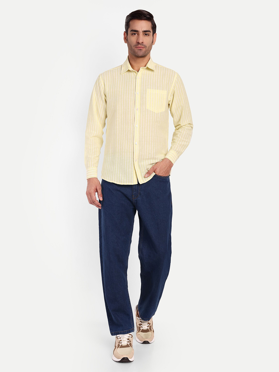 

Springberry Men Comfort Spread Collar Vertical Striped Cotton Casual Shirt, Yellow
