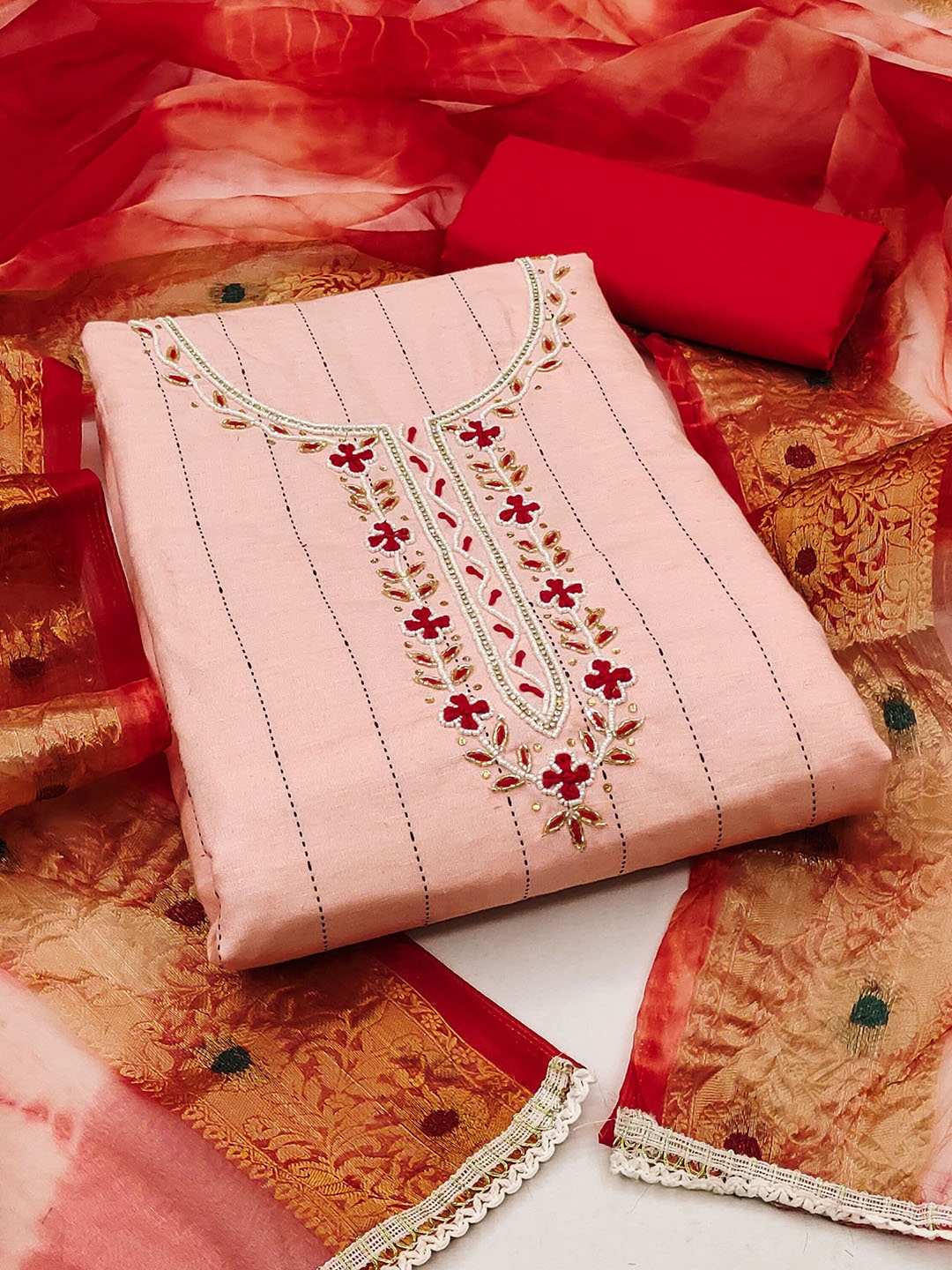 

Ishin Floral Embroidered Beads & Stones Unstitched Dress Material, Peach