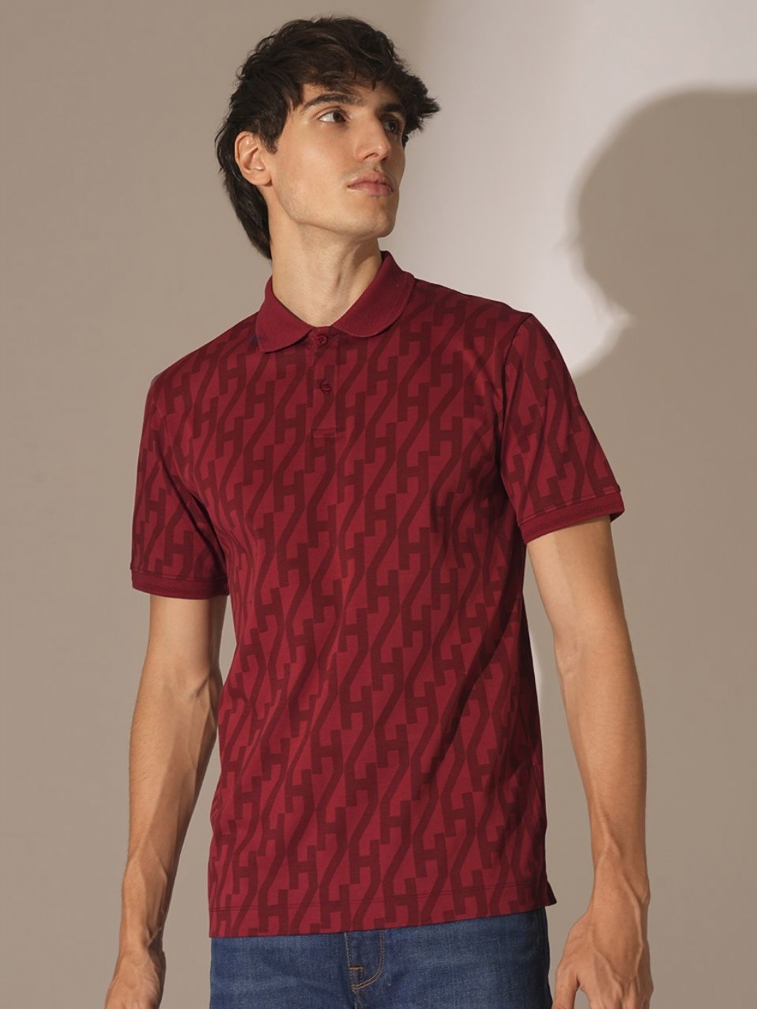 

SELECTED Men Typography Printed Polo Collar Cotton Slim Fit T-shirt, Red