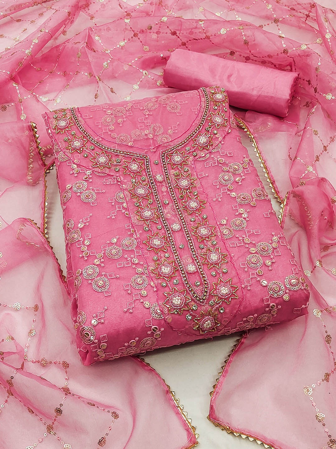 

Ishin Pink Ethnic Motifs Embroidered Sequinned Organza Unstitched Dress Material