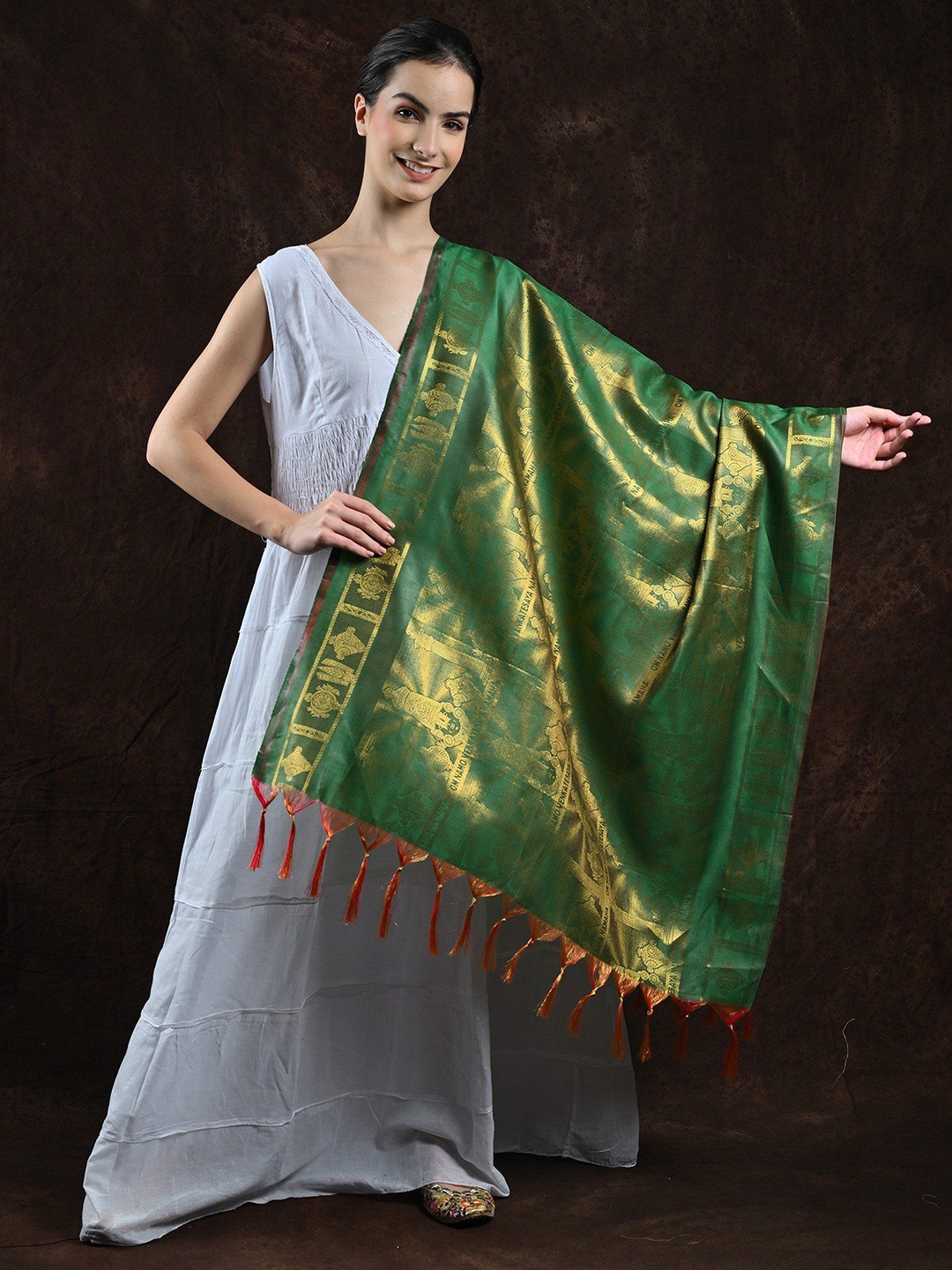 

Exotic India Venkateswar Brocaded Prayer Shawl and Woven Om Namo Venkatesaya Namaha Mantra, Green