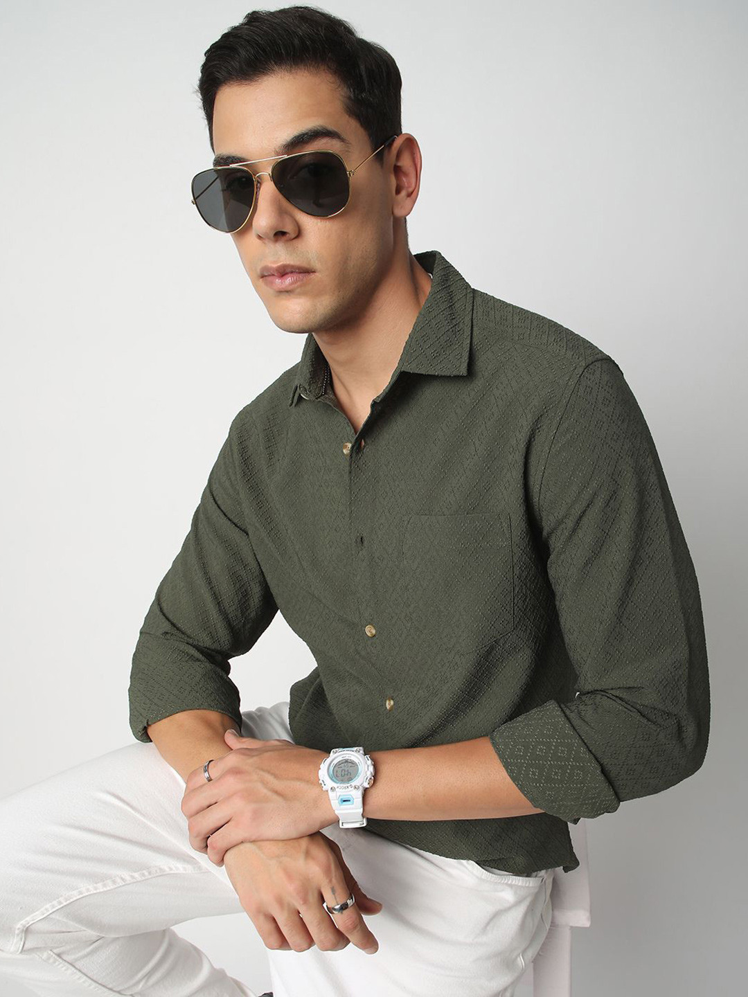

VASTRADO Men Classic Spread Collar Micro Ditsy Printed Slim Fit Casual Shirt, Green