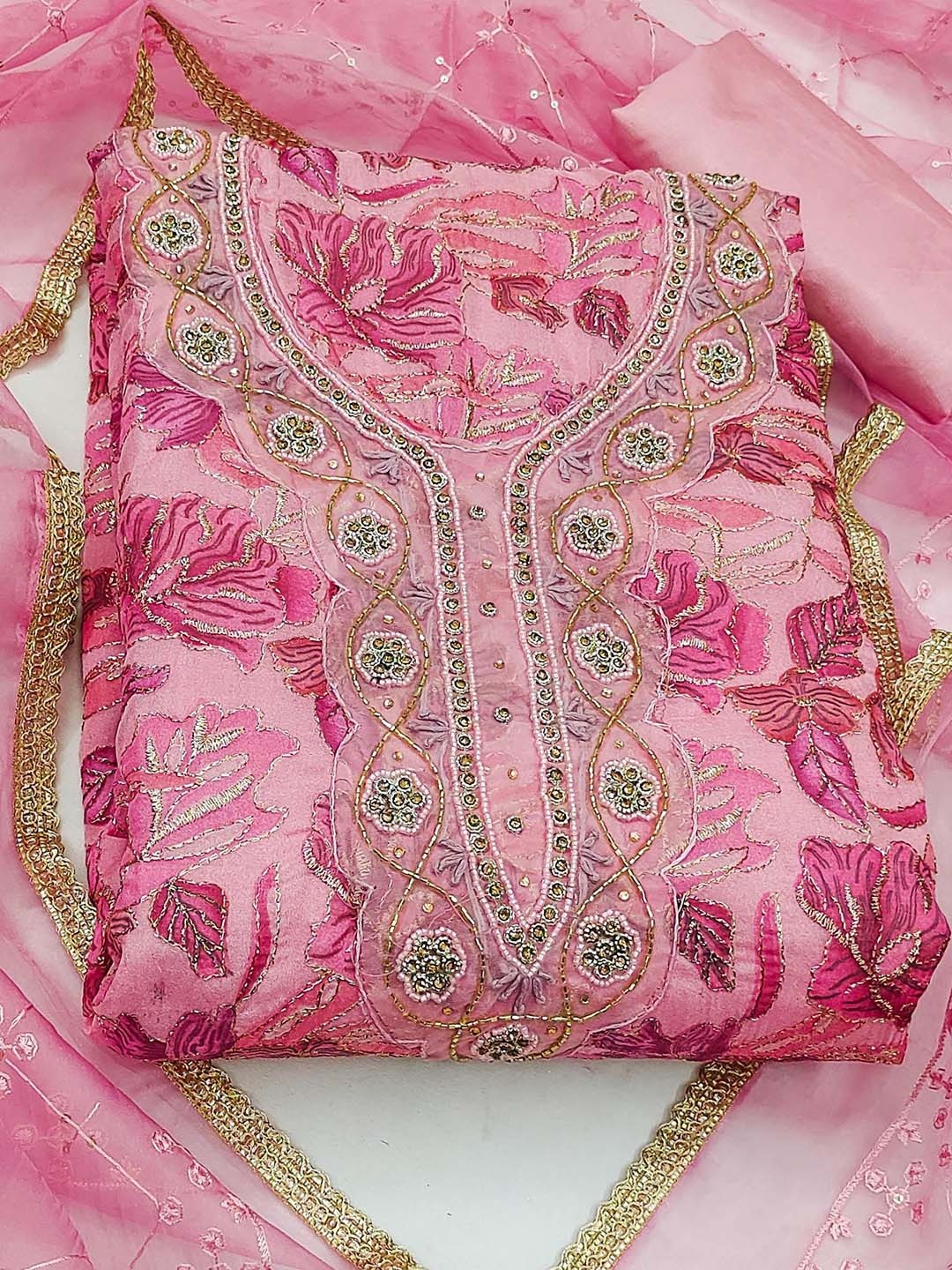 

Ishin Pink & Gold-Toned Floral Embroidered Organza Unstitched Dress Material
