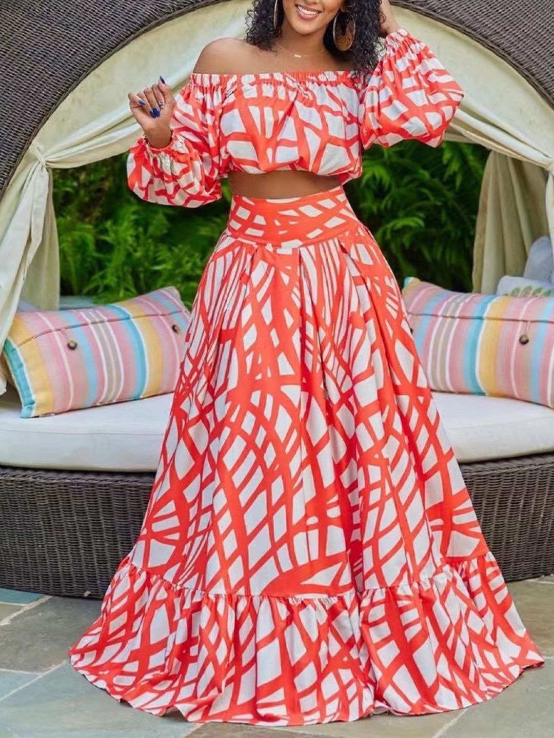 

KPOP Printed Top with Skirt, Red