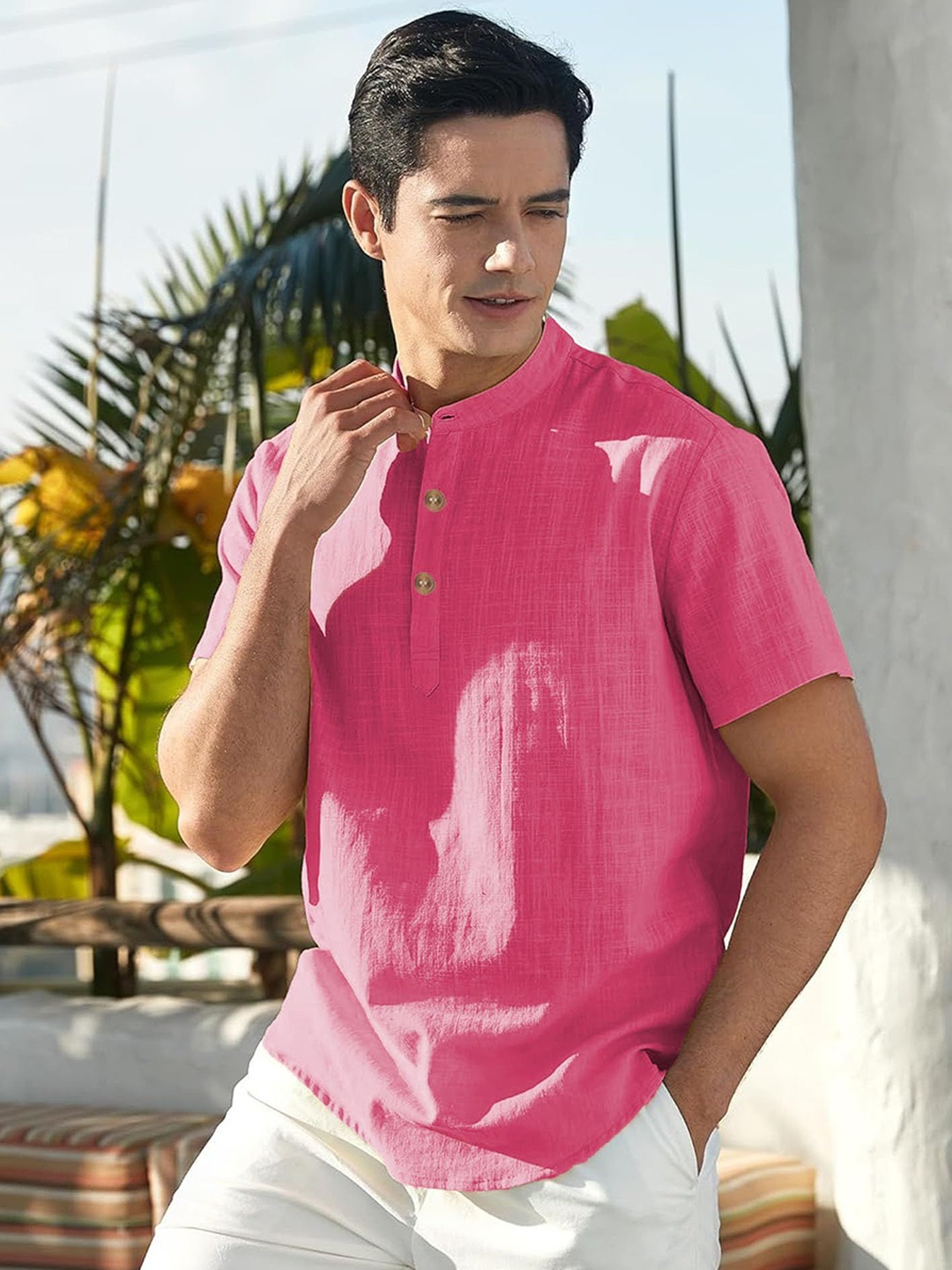

Vida Loca Band Collar Slim Fit Cotton Straight Kurta, Pink