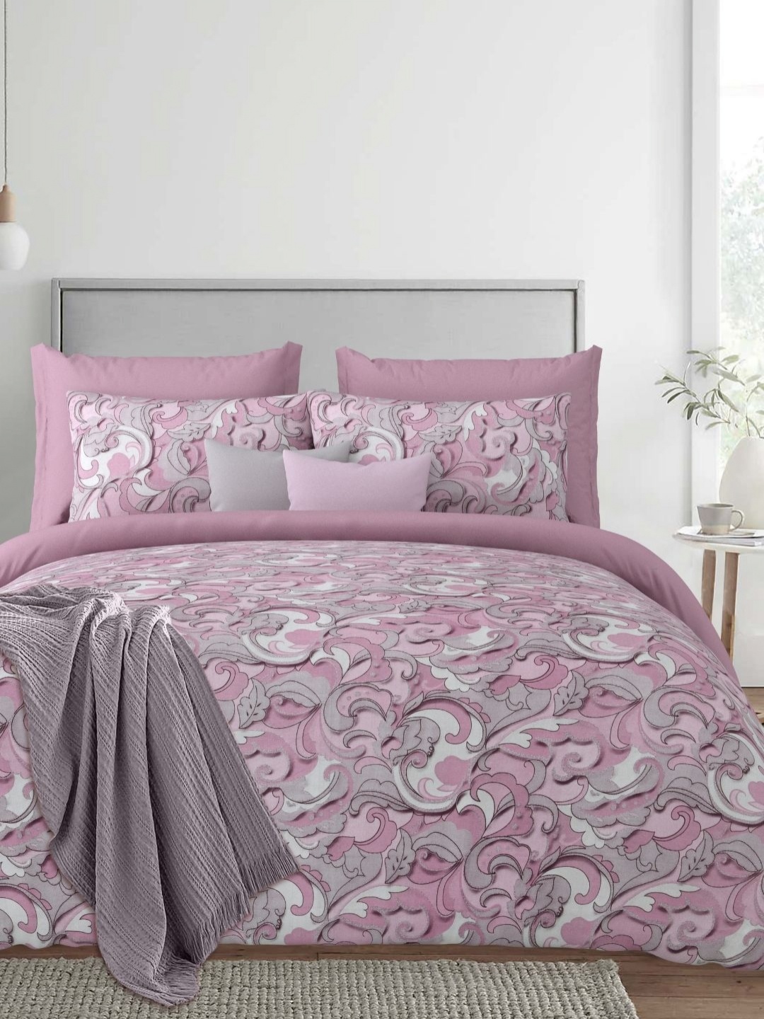 

Sparsh Pink & Grey Ethnic Motifs 180 TC King Bedsheet with 2 Pillow Covers