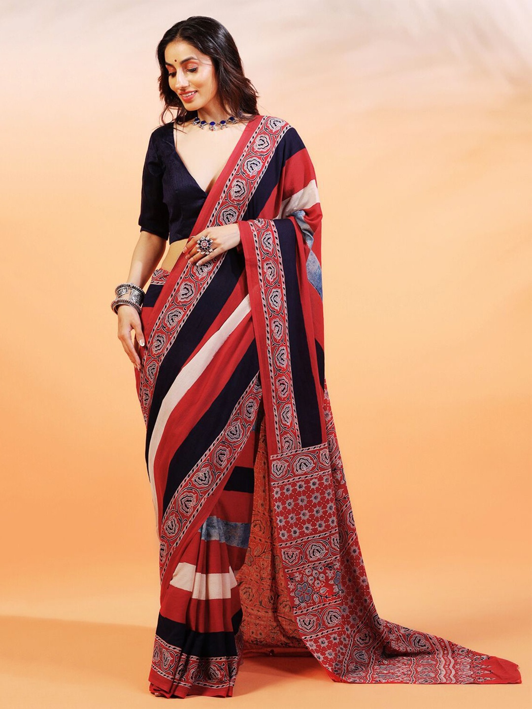 

ADITRI Handloom Handblock Printed Ajrakh Pure Cotton Saree, Red