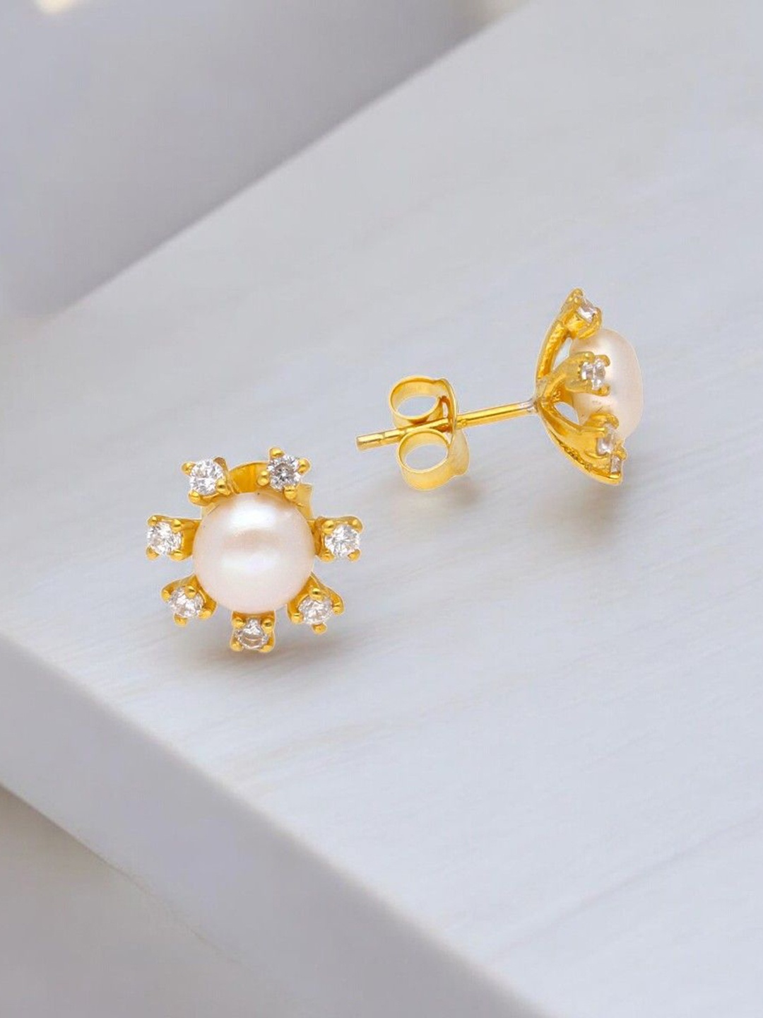 

Sri Jagdamba Pearls Dealer Zora 925 Sterling Silver Gold-Plated Beaded Floral Studs