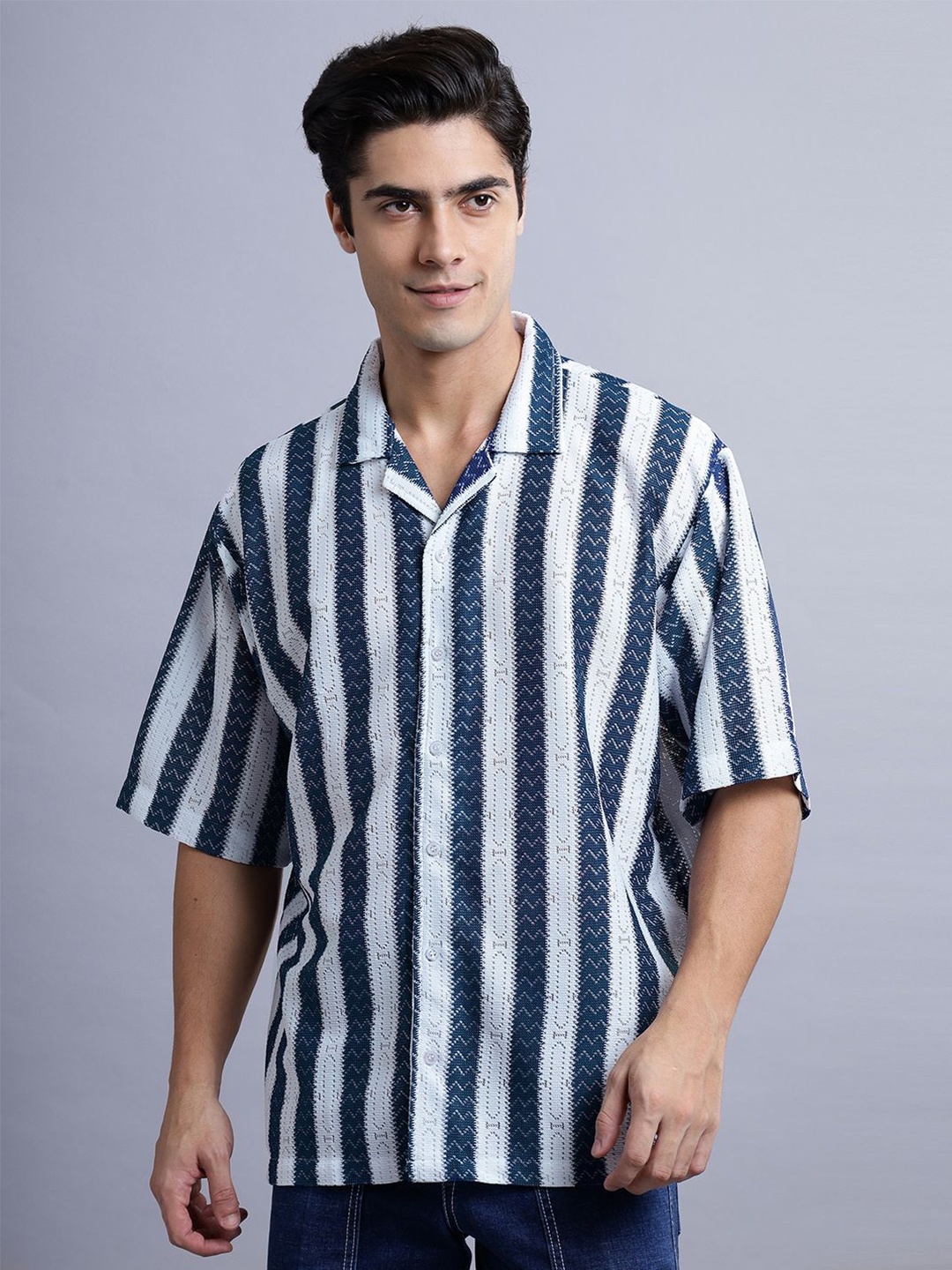 

N AND J Men Relaxed Cuban Collar Vertical Striped Cotton Oversized Casual Shirt, Blue