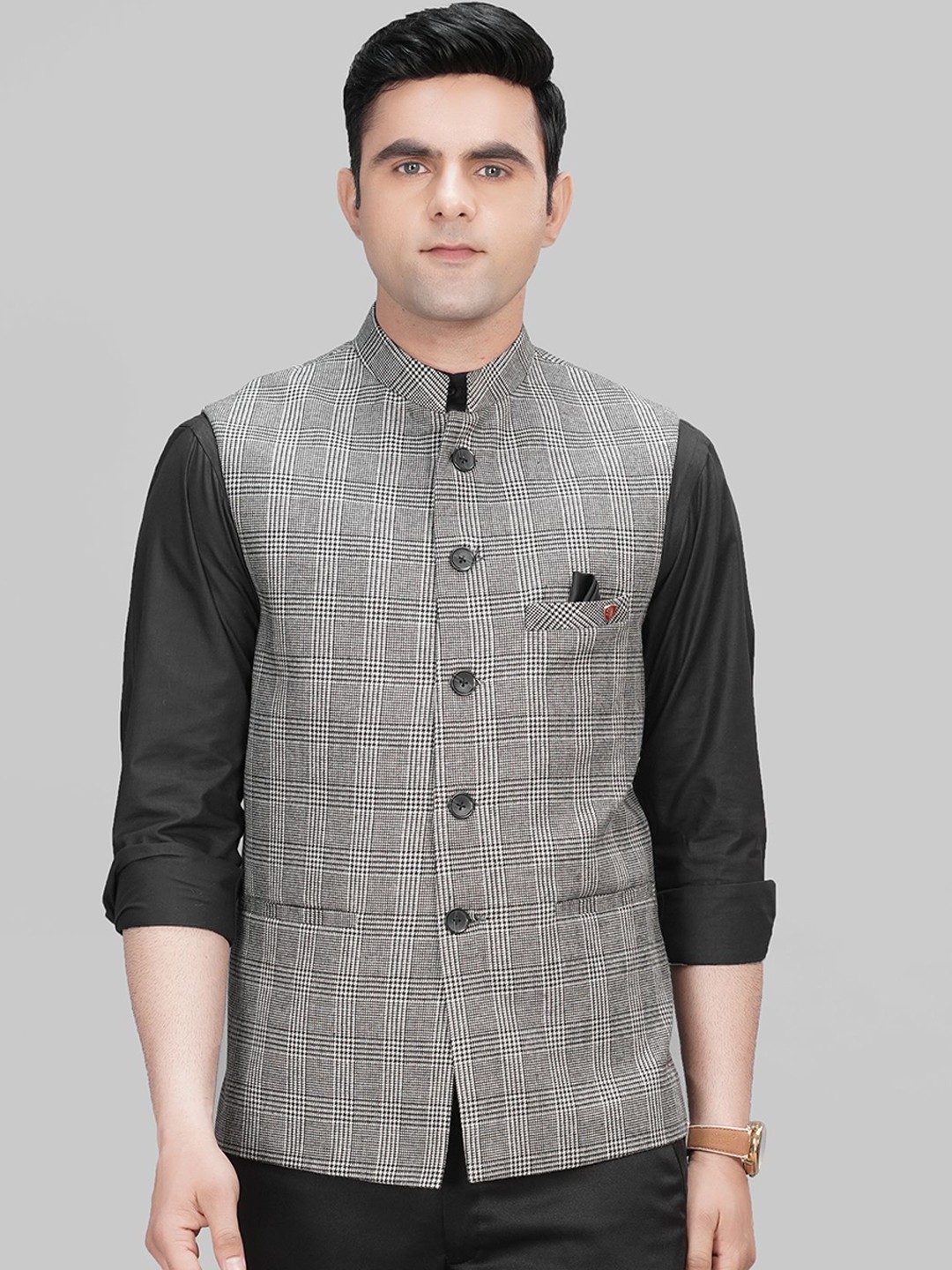 

LA'SCOOT Checked Nehru Jacket, Grey
