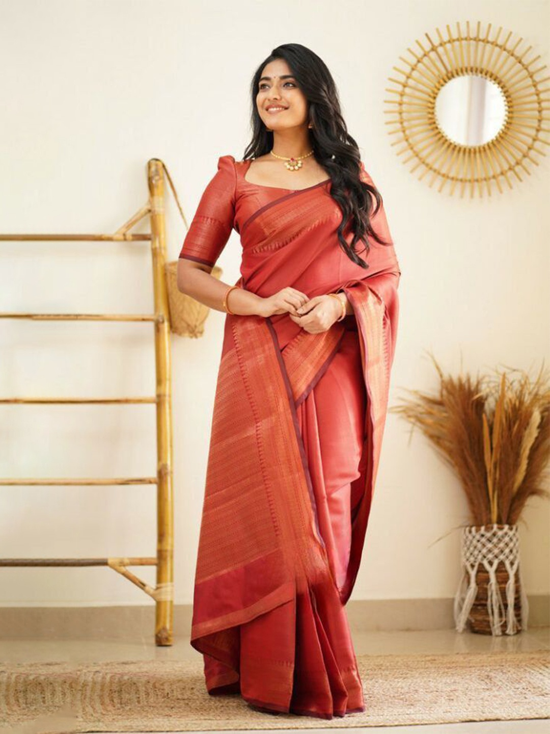 

Quelea Woven Design Zari Pure Silk Banarasi Saree, Red