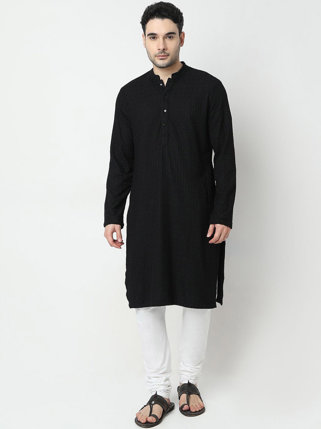 

Ethnicity Geometric Embroidered Mandarin Collar Straight Kurta, Black