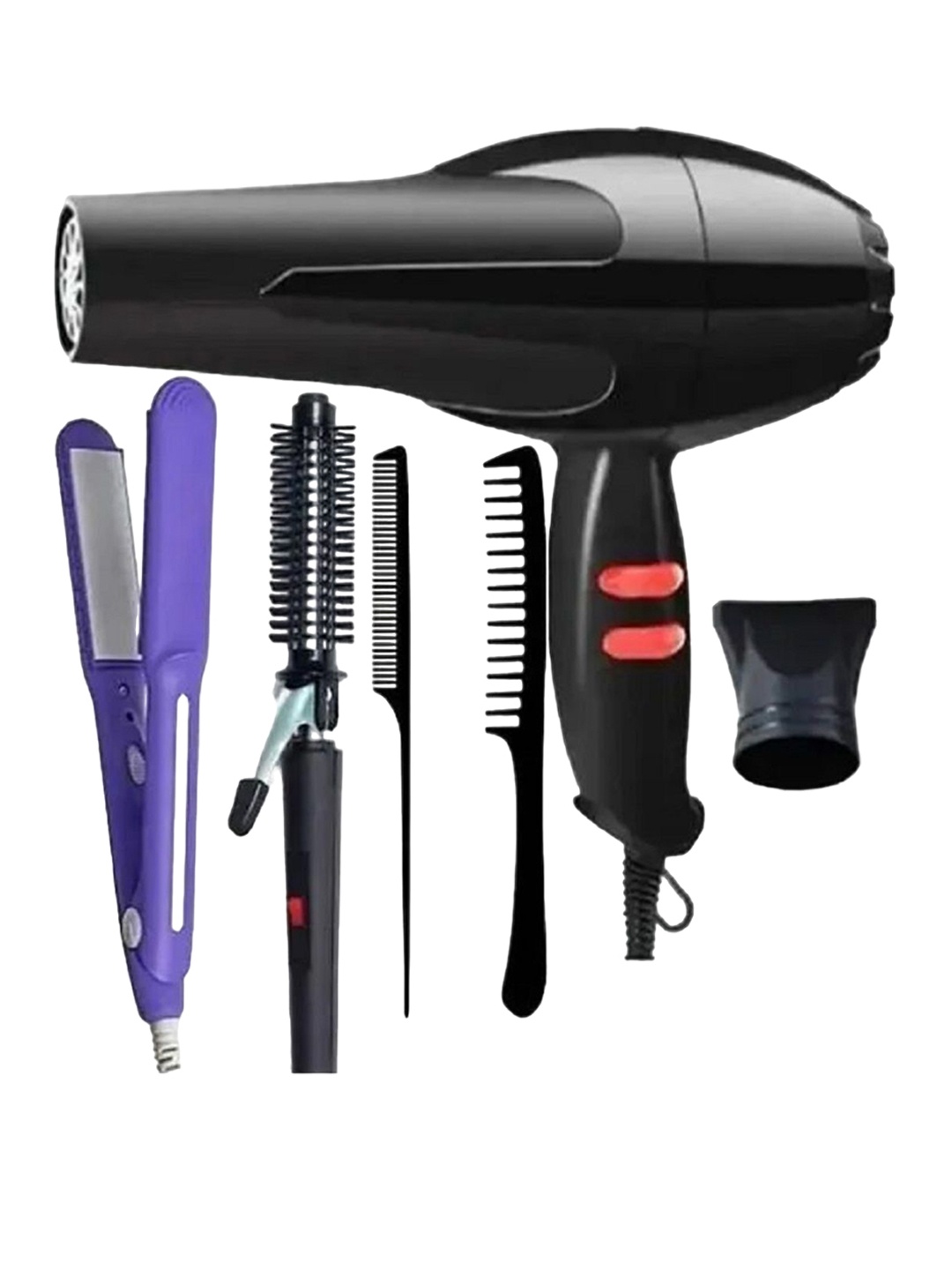 

CK INDIA 1500 Watts Hair Dryer With Straightener 8006 Curler 471B & 2 Tail Comb Combo, Black