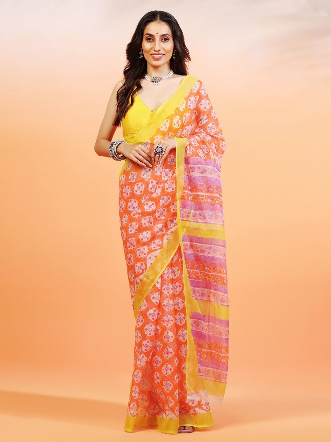 

ADITRI Handloom Ethnic Motifs Printed Pure Cotton Kota Saree, Orange