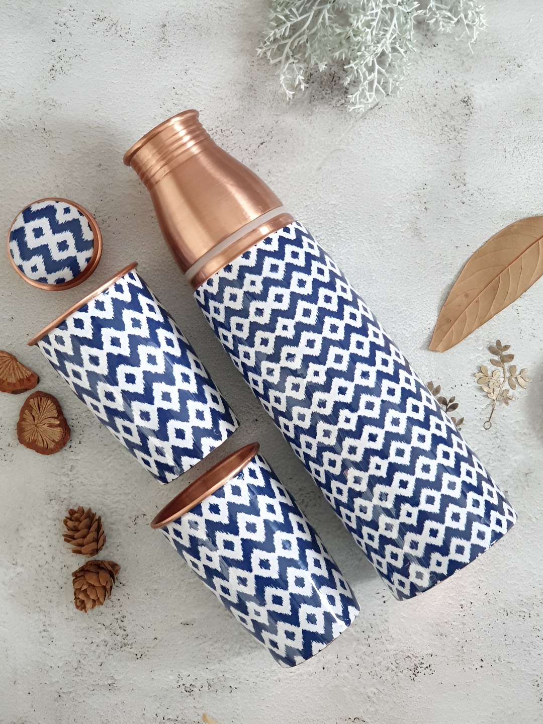 

BLANK SLATE HOME Chevron White 3 Pieces Printed Copper Water Bottle With Glasses 900ml