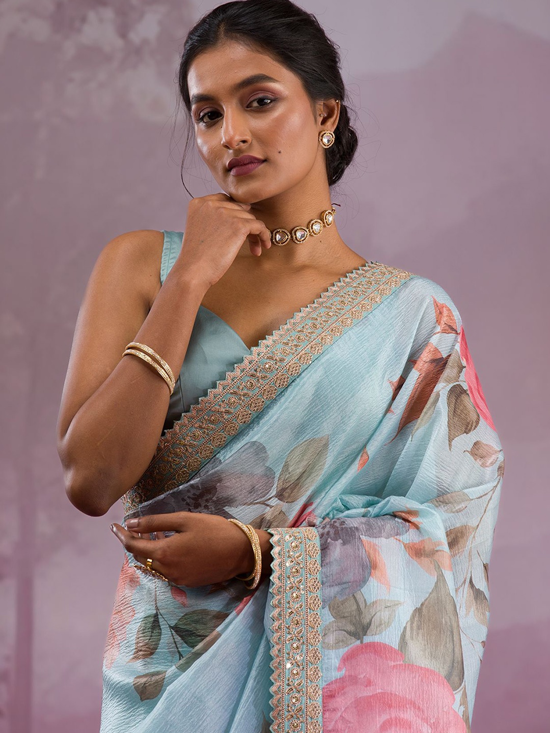 

Koskii Floral Printed Pure Georgette Saree, Blue