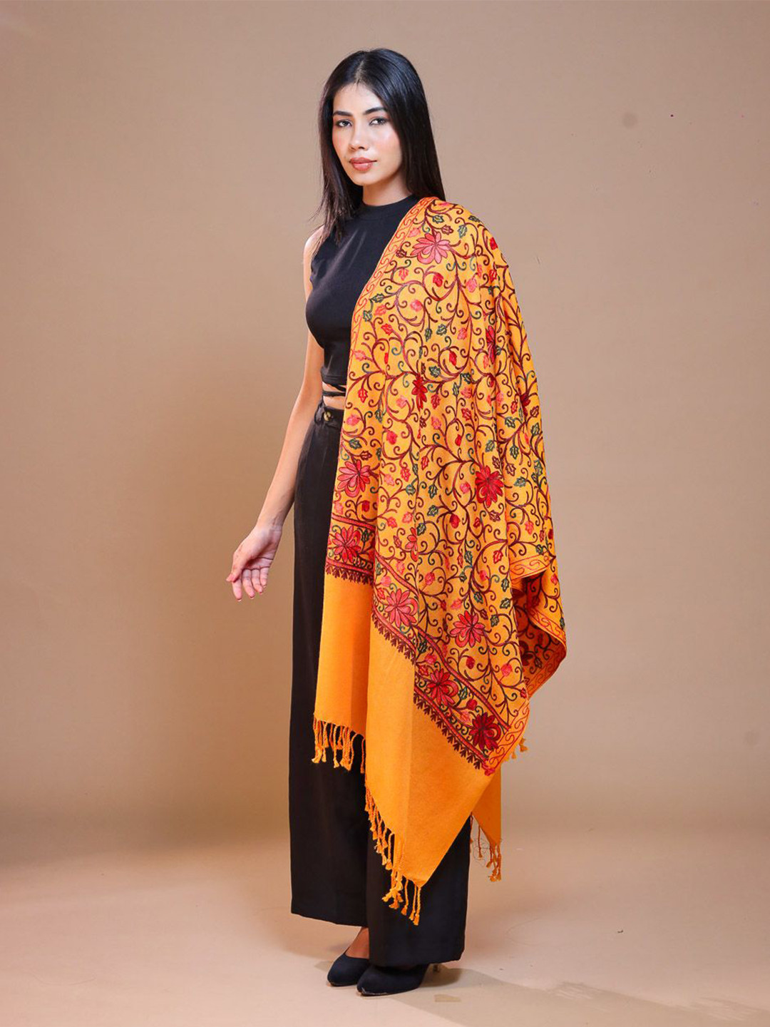 

SWI Stylish Women Embroidered Wool Stole, Yellow