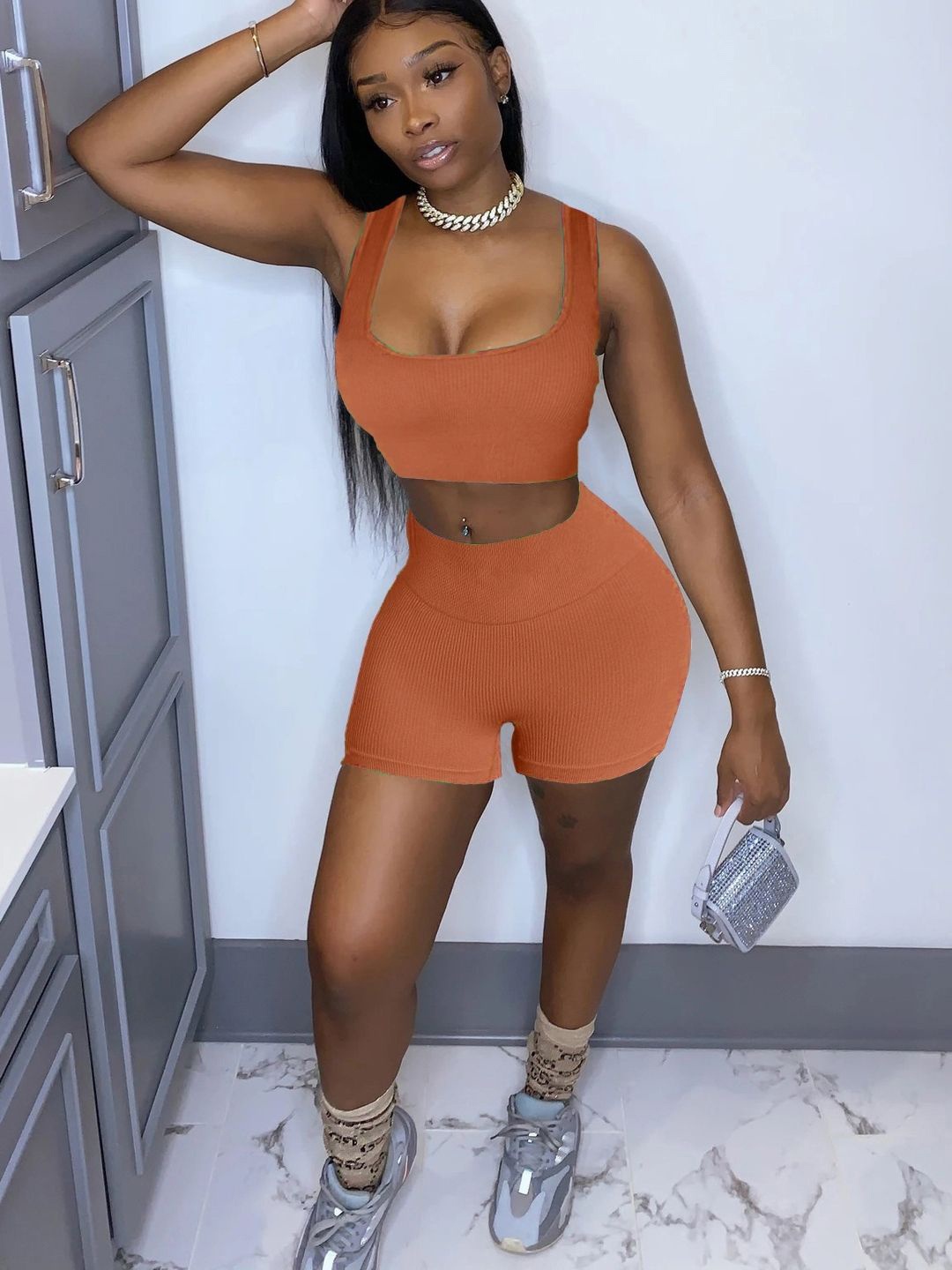 

KPOP Sleeveless Top & Shorts Co-Ord Set, Orange