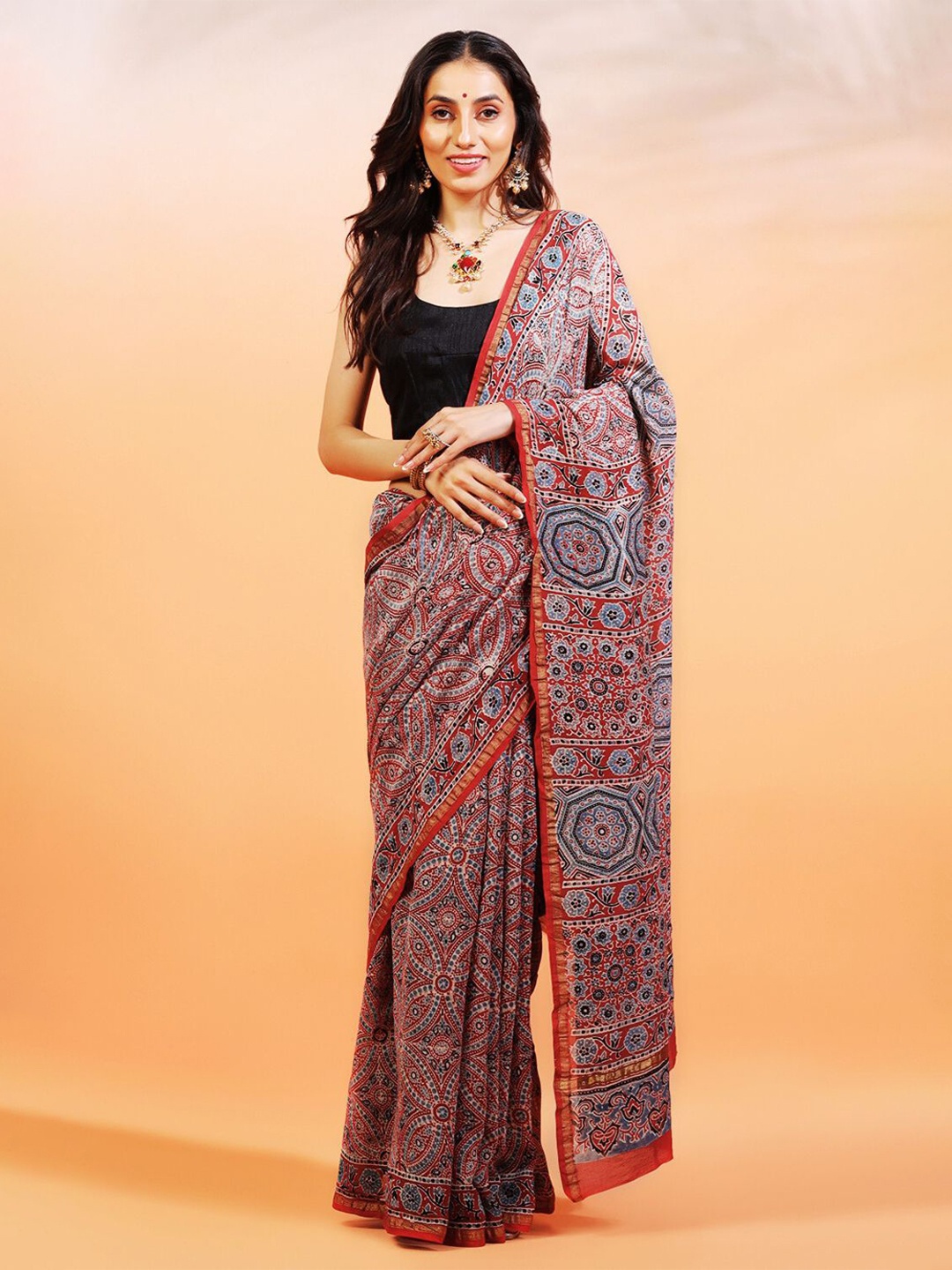 

ADITRI Handloom Handblock Printed Ajrakh Chanderi Silk Saree, Red