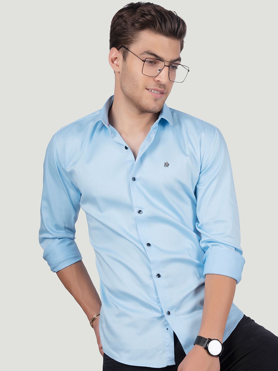 

ALMATY Men Comfort Spread Collar Solid Cotton Slim Fit Party Shirt, Blue