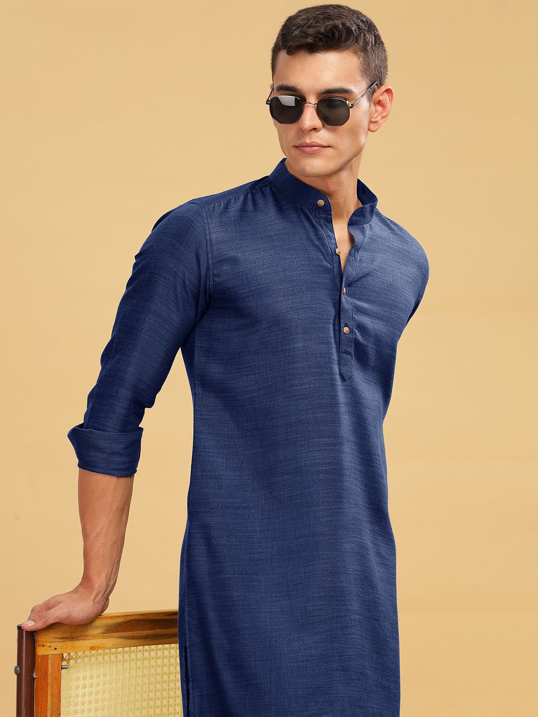 

Anouk Blue Band Collar Linen Cotton Straight Kurta
