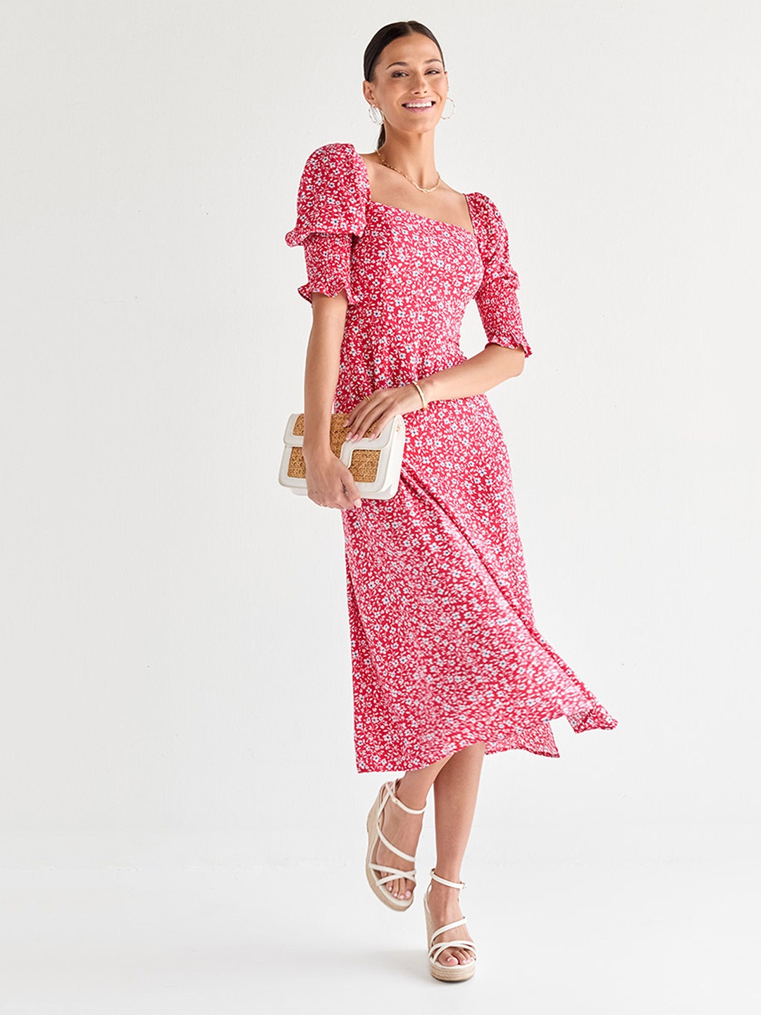 

Kedar Fab Women Floral Printed Fit & Flare Midi Dress, Pink