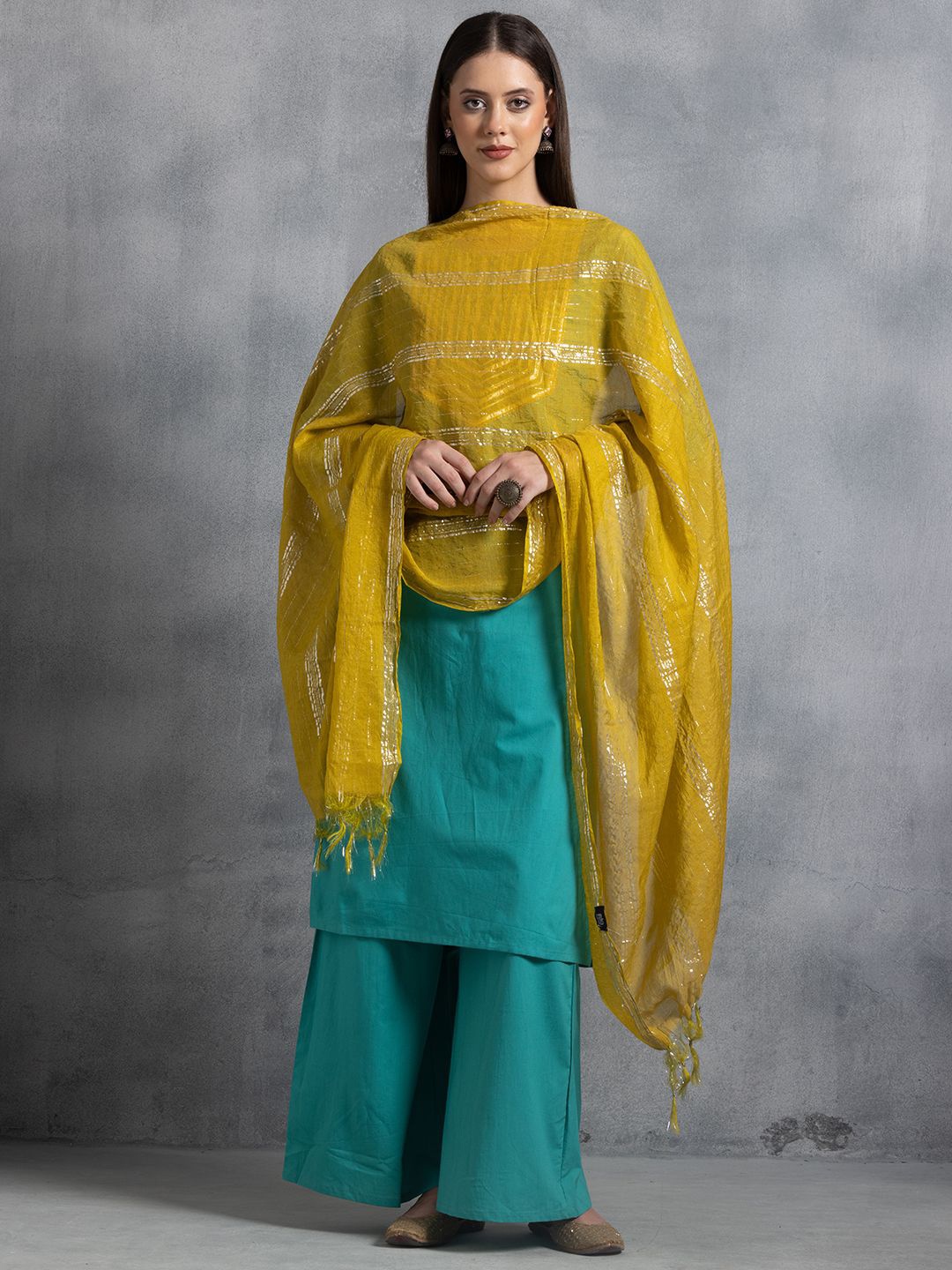 

INDYA Striped Zari Dupatta, Yellow