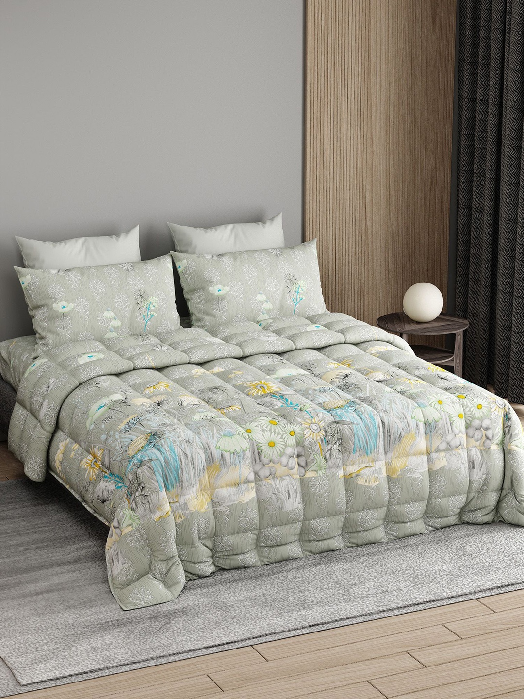 

LABHAM Grey & Yellow Printed Self Design Cotton Double King Superfine Bedding Set