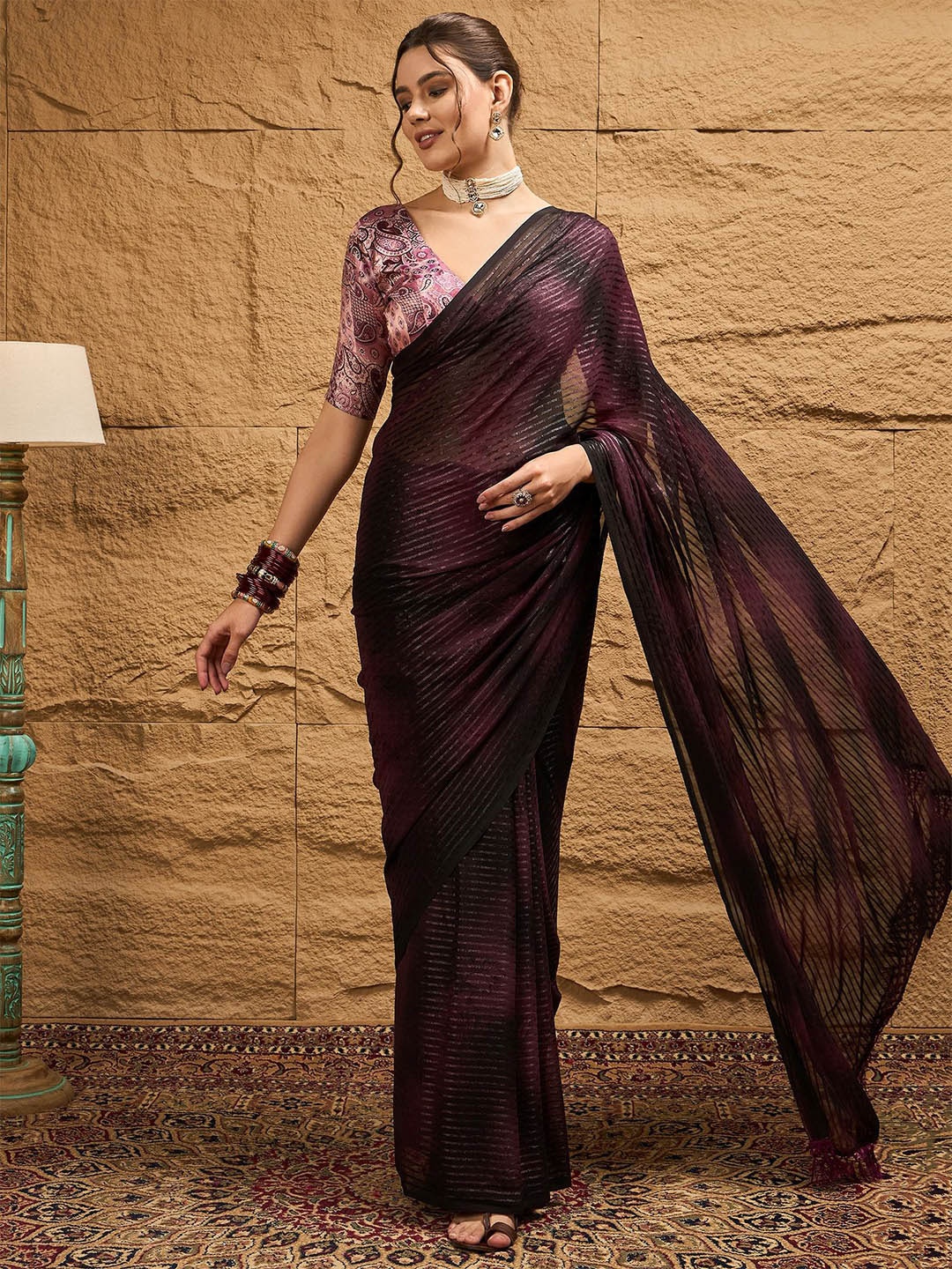 

Dori Striped Saree With Blouse Piece, Purple