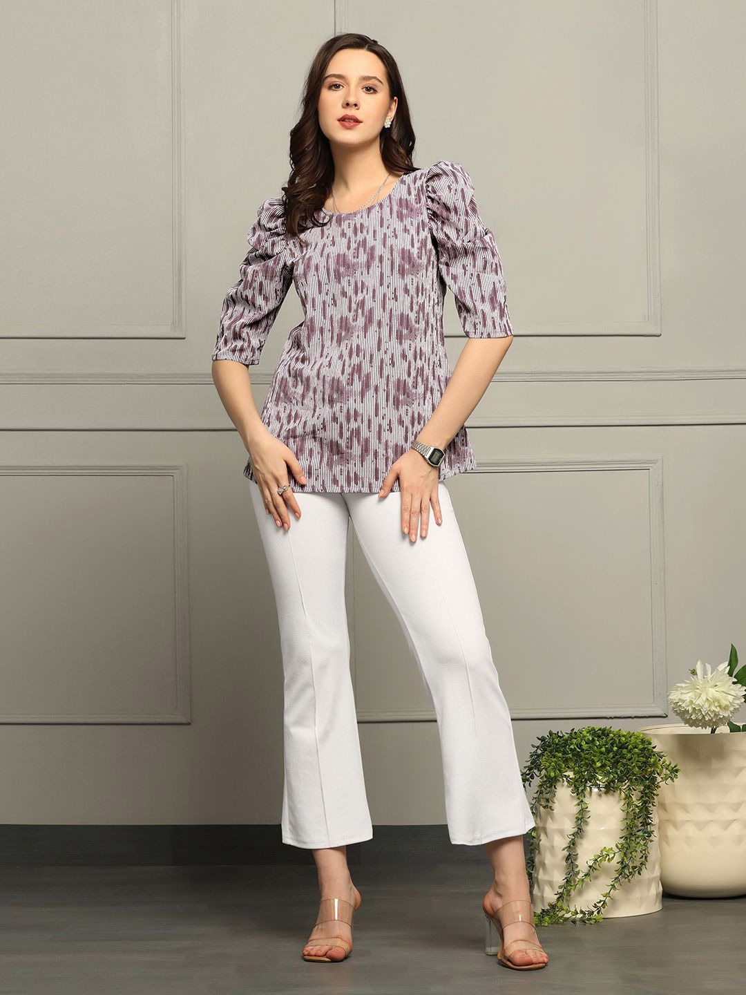 

BAESD Women Abstract Printed Round Neck Top, Purple