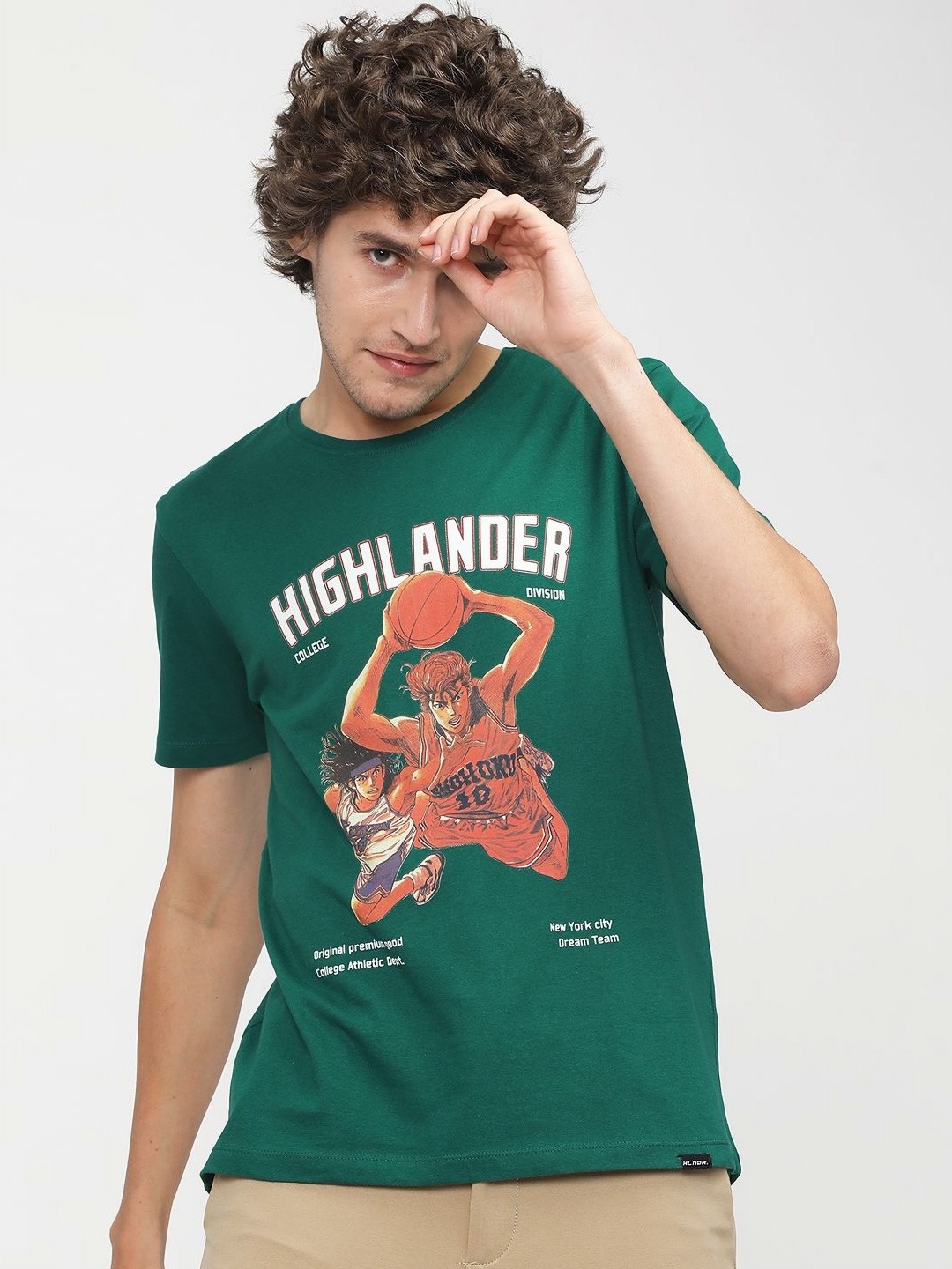 

HIGHLANDER Men Graphic Printed Round Neck Cotton Slim Fit T-shirt, Green