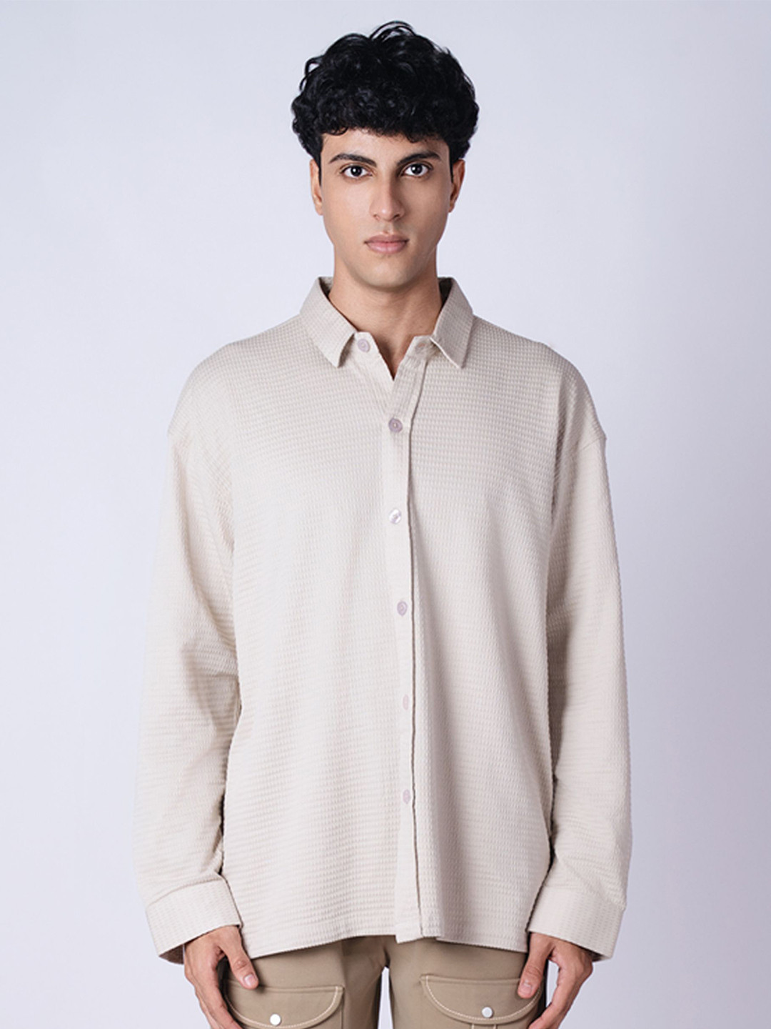 

HOP HEAD Unisex Spread Collar Textured Relaxed Fit Casual Shirt, Cream